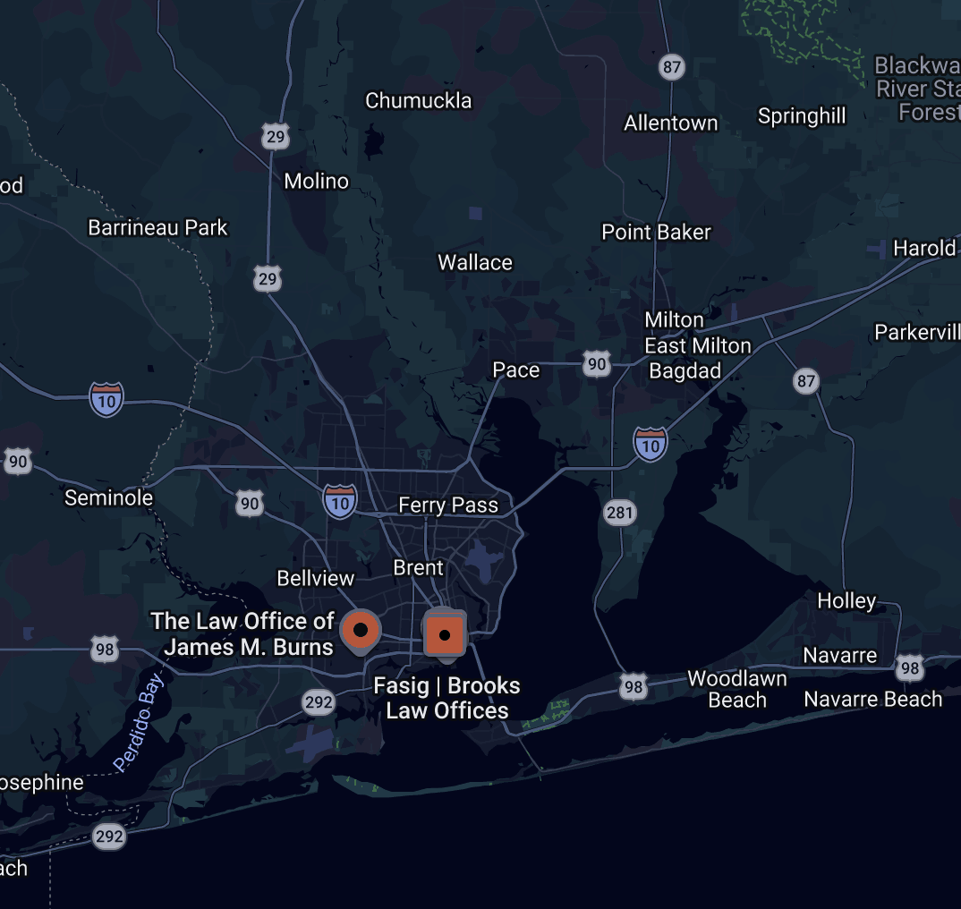 Google Maps view of the Pensacola area showing two ranked law firm listings in the map pack: The Law Office of James M. Burns and Fasig | Brooks Law Offices