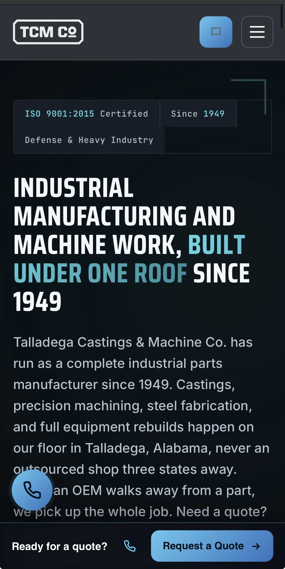 Talladega Castings and Machine website on mobile
